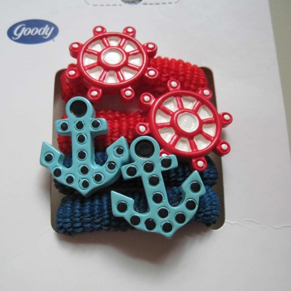 4 Goody Ouchless Gentle Fit Terry Soft Fabric Hair Bands Nautical Anchor Wheel